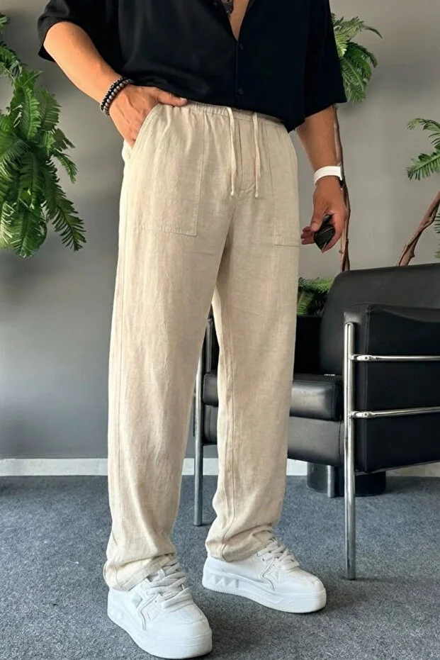 Erkek Rahat Yazlık Siyah Bol Keten Pantolon